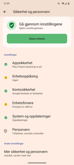 For å bytte PIN-koden til SIM-kortet, gå til Sikkerhet og personvern-menyen og  velg Mer sikkerhet og personvern