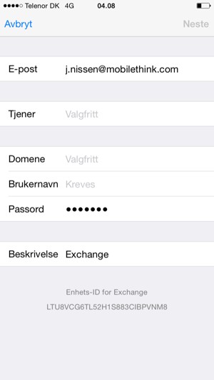 Skriv inn Exchange e-postinformasjon og velg Neste