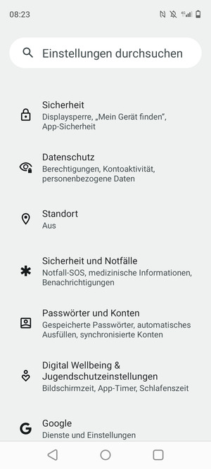 Scrollen Sie und wählen Sie Sicherheit