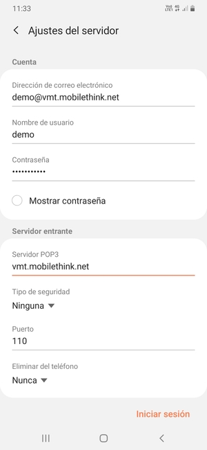 Introduzca Nombre de usuario y la dirección de servidor entrante