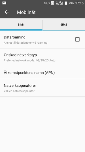 Välj SIM1 eller SIM2 och välj Åtkomstpunktens namn (APN)