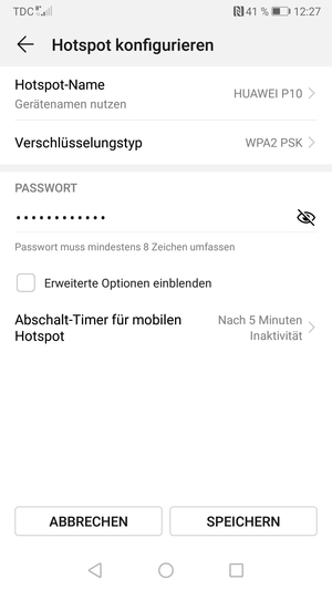 Geben Sie eine WLAN-Hotspot-Passwort mit mindestens 8 Zeichen ein und wählen Sie SPEICHERN