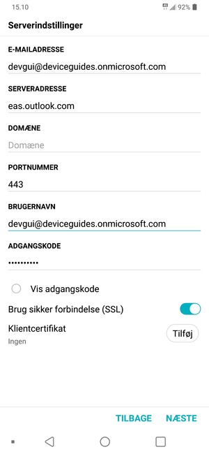 Indtast Exchange serveradresse og BRUGERNAVN. Vælg NÆSTE