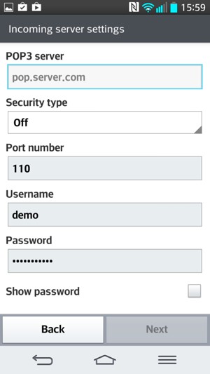 Enter Incoming server address and Username. Select Next