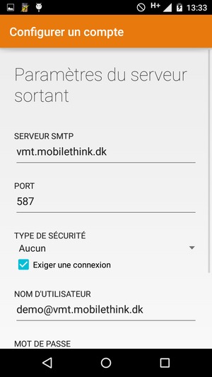 Saisissez l'adresse du serveur sortant