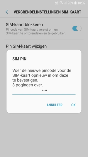Bevestig uw nieuwe pincode voor de SIM-kaart en selecteer OK