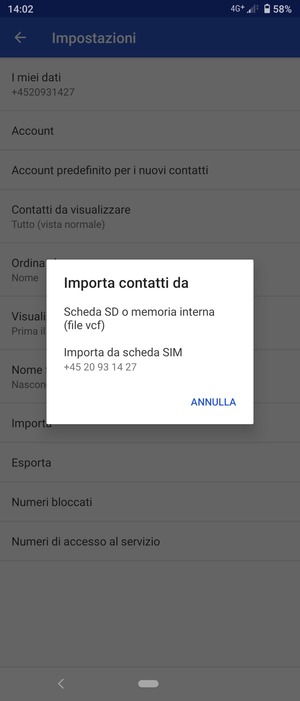 Seleziona Importa da scheda SIM