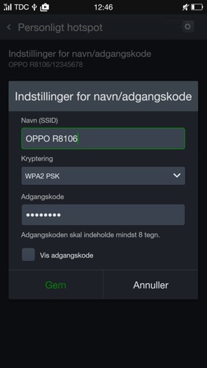 Indtast en Wi-Fi-hotspot adgangskode på minimum 8 tegn og vælg Gem