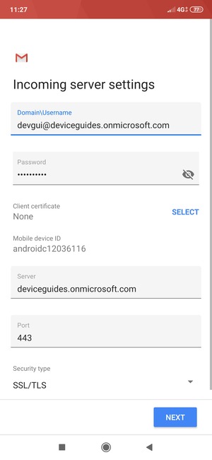 Enter Exchange server address and select NEXT