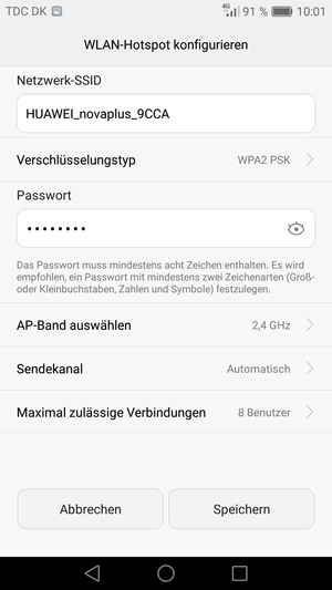 Geben Sie eine WLAN-Hotspot-Passwort mit mindestens 8 Zeichen ein und wählen Sie Speichern