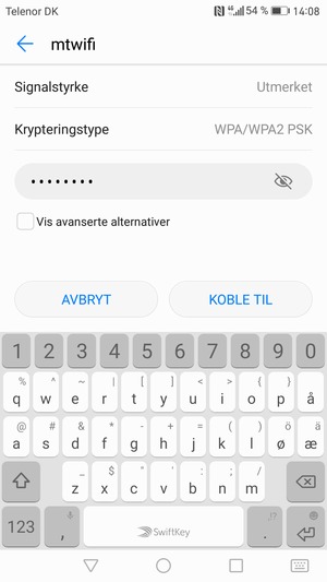Skriv inn Wi-Fi-passord og velg KOBLE TIL