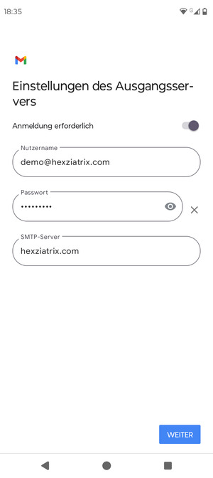 Geben Sie die Server-Adresse für ausgehende Post ein und wählen Sie WEITER