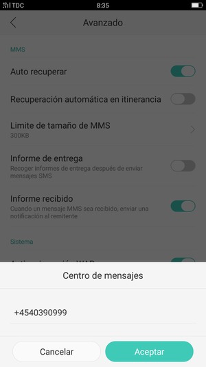 Introduzca el número de Centro de mensajes y seleccione Aceptar