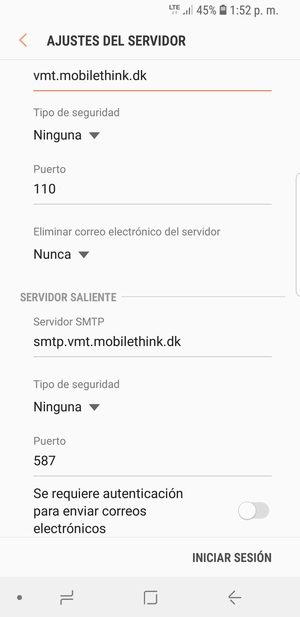 Desactive Se requiere autenticación para enviar correos electrónicos y seleccione INICIAR SESIÓN