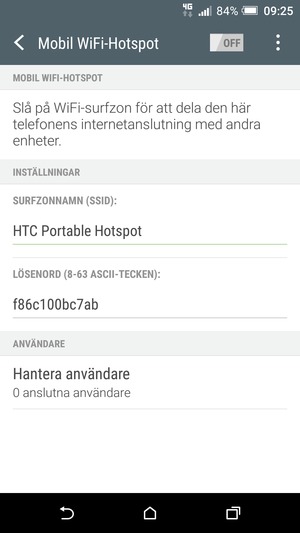 Ange ett lösenord bestående av minst 8 tecken och aktivera Mobil WiFi-Hotspot
