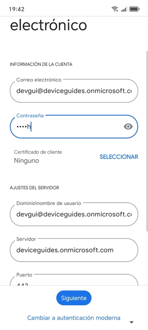 Introduzca Nombre de usuario y la dirección de servidor Exchange. Seleccione Siguiente