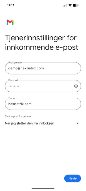 Skriv inn Brukernavn og innkommende serveradresse. Velg Neste