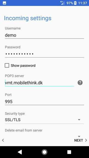 Enter Username and Incoming server address