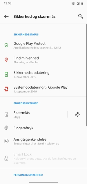 For at aktivere din skærmlås, gå til menuen Sikkerhed og skærmlås og vælg Skærmlås