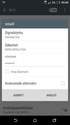 Ange lösenord till Wi-Fi och välj ANSLUT