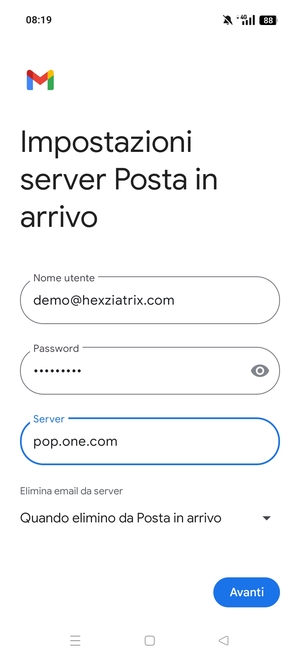 Inserisci Nome utente e l'indirizzo del server di posta in arrivo. Seleziona Avanti