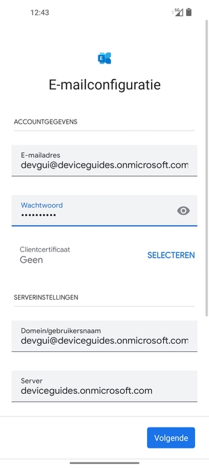 Voer Gebruikersnaam en Exchange serveradres in. Selecteer Volgende