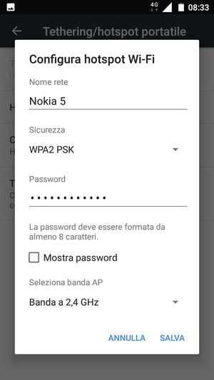 Inserisci una password dell'hotspot Wi-Fi di almeno 8 caratteri e seleziona SALVA