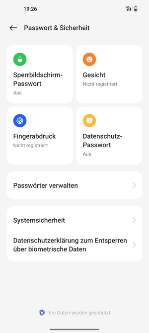 Um Ihre Bildschirmsperre zu aktivieren, gehen Sie zum Passwort & Sicherheit Menü und wählen Sie  Sperrbildschirm-Passwort
