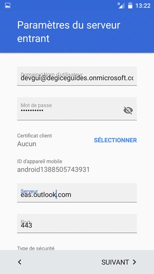 Saisissez votre Nom d'utilisateur et l'adresse du serveur Exchange. Sélectionnez SUIVANT