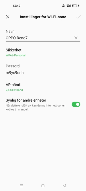 Skriv inn et Wi-Fi hotspot-passord på minst 8 tegn og velg OK