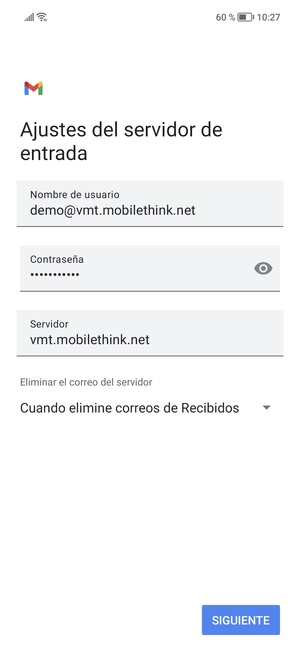 Introduzca Nomre de usuario y la dirección de servidor entrante. Seleccione SIGUIENTE