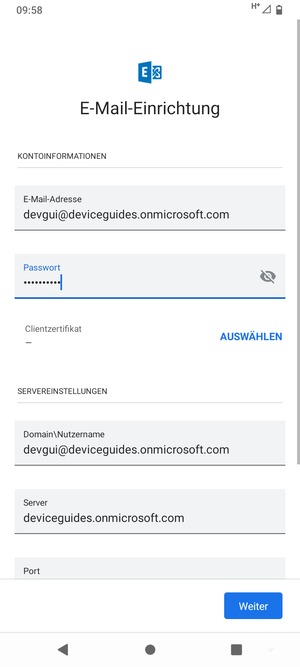 Geben Sie Benutzername und Exchange Server-Adresse ein. Wählen Sie Weiter