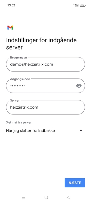Indtast Brugernavn og indgående serveradresse. Vælg NÆSTE