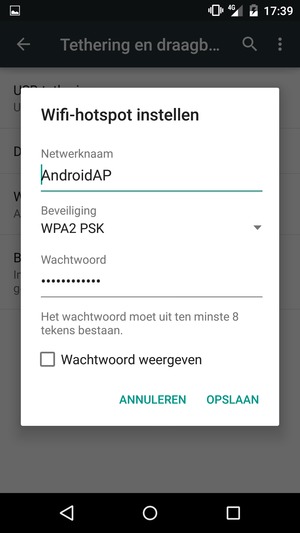 Voer een wachtwoord van een WiFi-hotspot in van ten minste 8 tekens en selecteer OPSLAAN