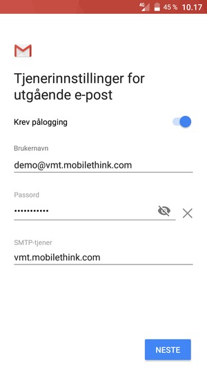 Skriv inn utgående serveradresse og velg NESTE