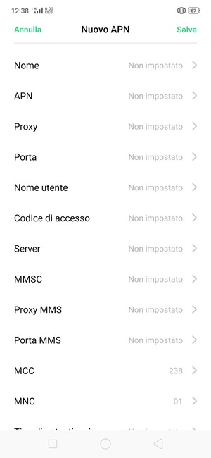 Inserisci le informazioni di Internet