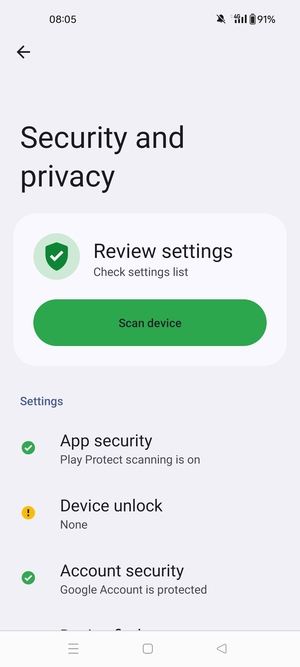 To activate your screen lock, return to the Security and privacy menu and select Device unlock