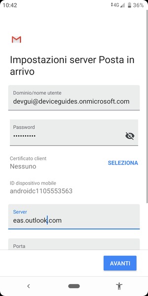 Inserisci Nome utente e l'indirizzo del server Exchange. Seleziona AVANTI