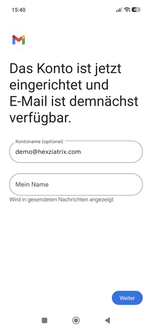 Geben Sie Ihrem Konto einen Namen und geben Sie Ihren Namen ein. Wählen Sie Weiter
