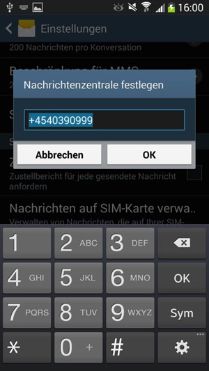 Geben Sie die Nachrichtenzentrale Nummer ein und wählen Sie OK