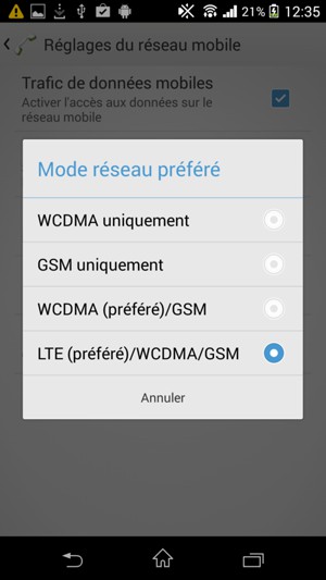 Sélectionnez LTE (préféré)/WCDMA/GSM pour activer la 4G