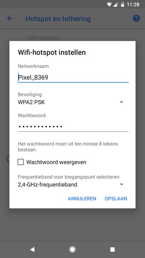 Voer een wachtwoord van een WiFi-hotspot in van ten minste 8 tekens en selecteer OPSLAAN