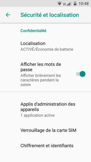 Pour modifier le code PIN de la carte SIM, faites défiler et sélectionnez Verrouillage de la SIM