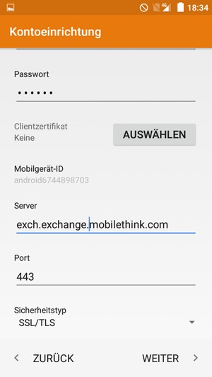 Scrollen Sie nach unten und geben Sie die Exchange Server-Adresse ein. Wählen Sie WEITER