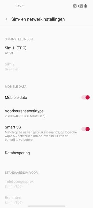 Selecteer Sim 1 of Sim 2