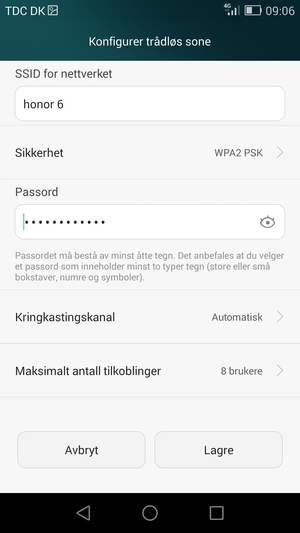 Skriv inn et passord på minst 8 tegn og velg Lagre