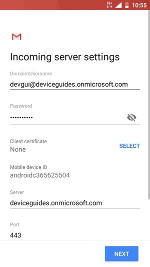 Enter Username and Exchange server address. Select NEXT