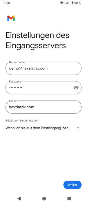 Geben Sie Benutzername und die Server-Adresse für eingehende Post ein. Wählen Sie Weiter