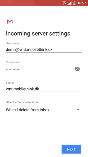 Enter Username and Incoming server address. Select NEXT