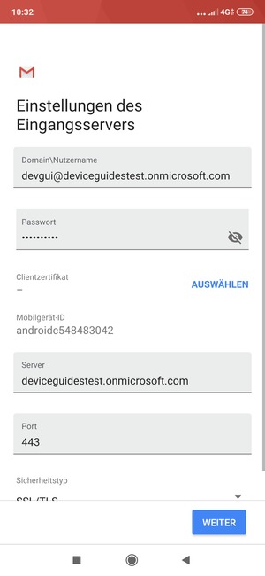 Geben Sie Nutzername und Exchange Server-Adresse ein. Wählen Sie WEITER
